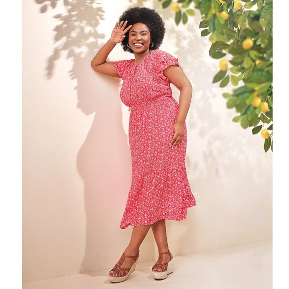 Destination 365 Short-Sleeve Midi Dress w Smocking- Red (sz Small) a596751 - Picture 3 of 3